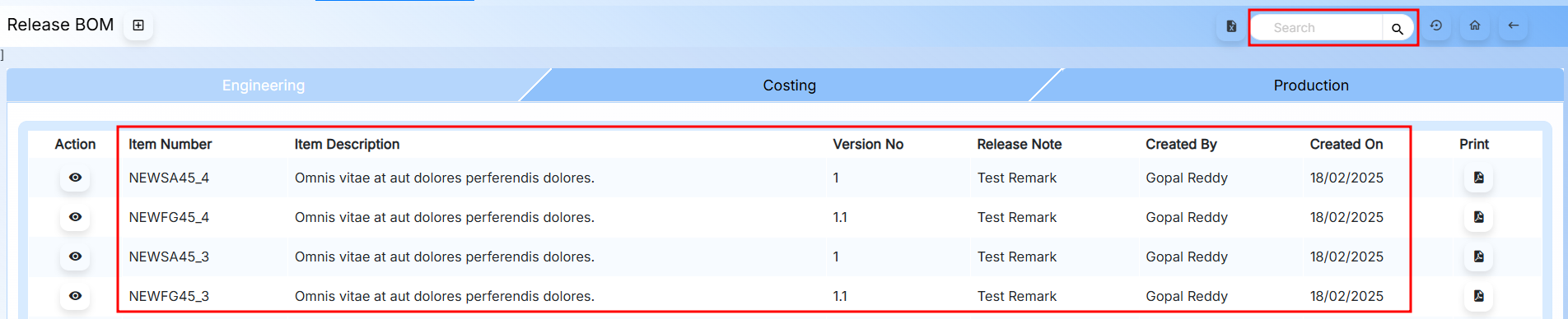 RELEASE BOM VIEW OR SEARCH