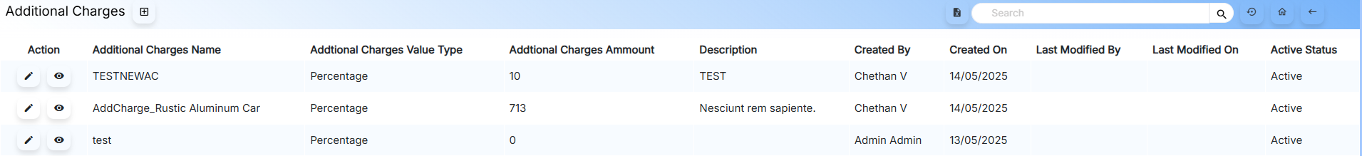 Additional Charges Listing
