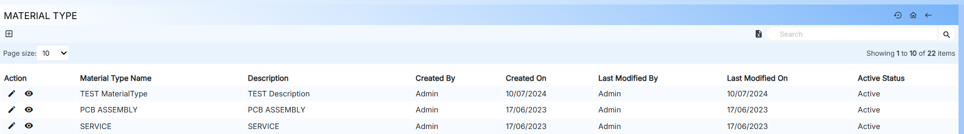 Material Type Listing