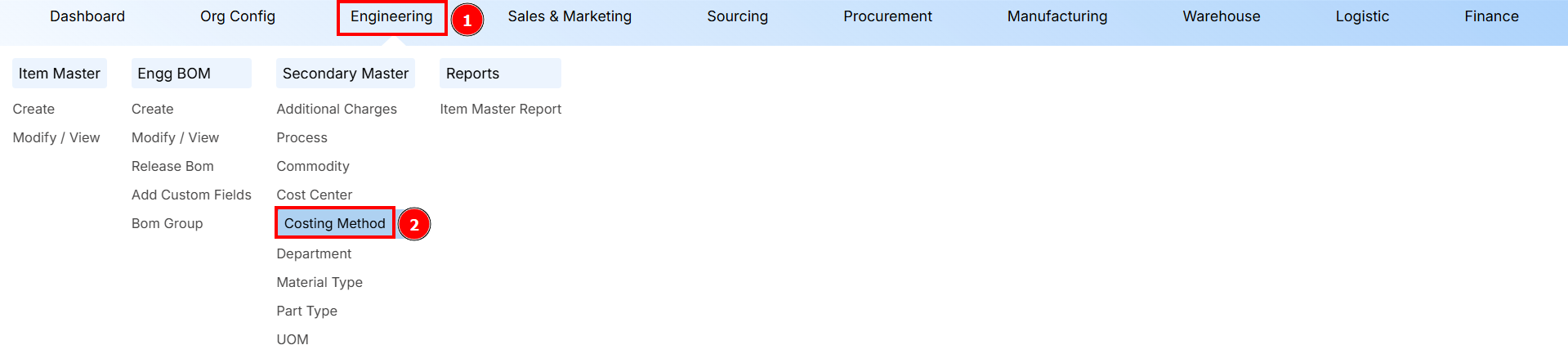 Navigation to Costing Method
