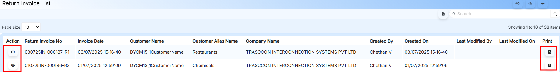 Return Invoice Action