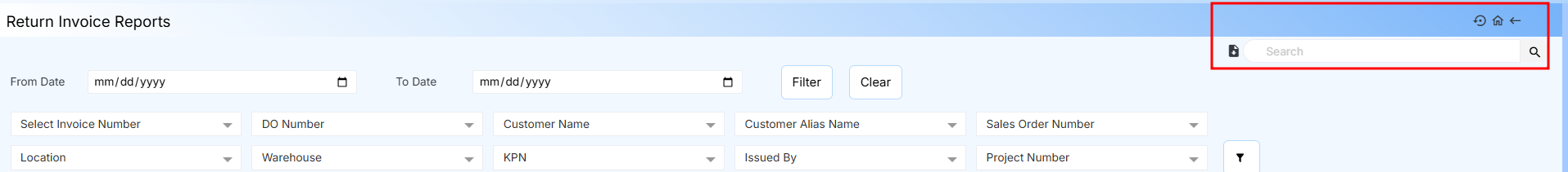 Return Invoice Report icons