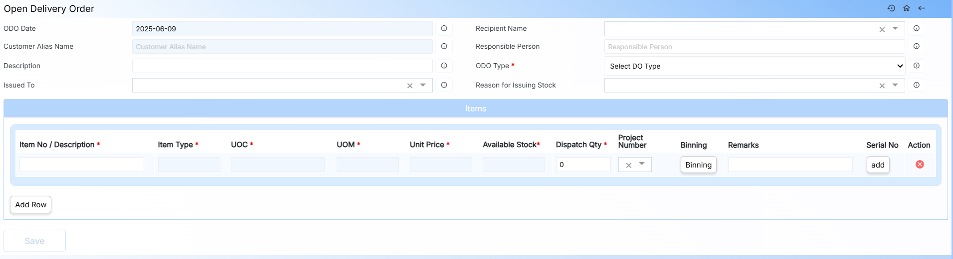 Open Delivery Order Form