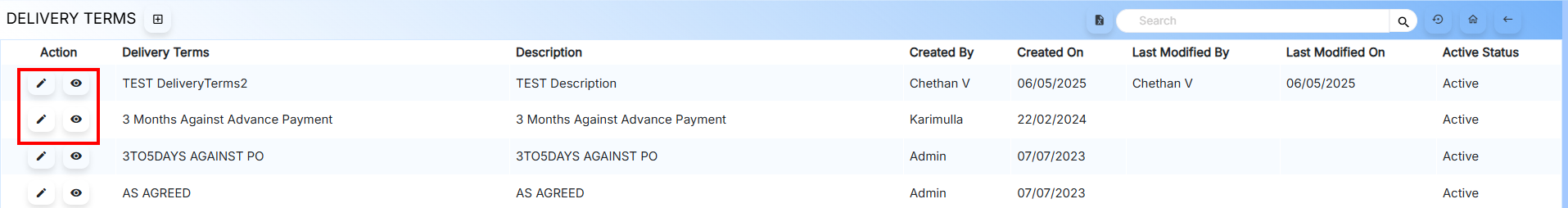 Delivery Terms Actions