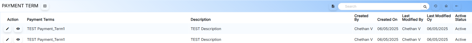 Payment Terms Listing
