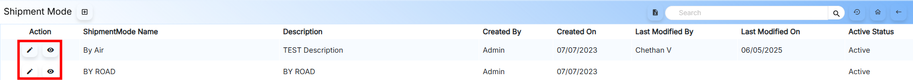 Shipment Mode Actions