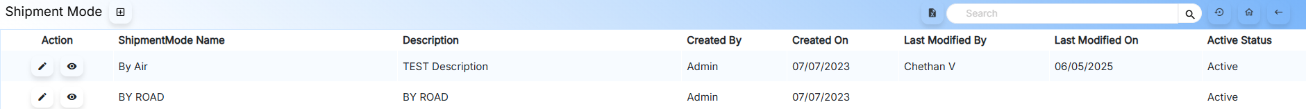 Shipment Mode Listing