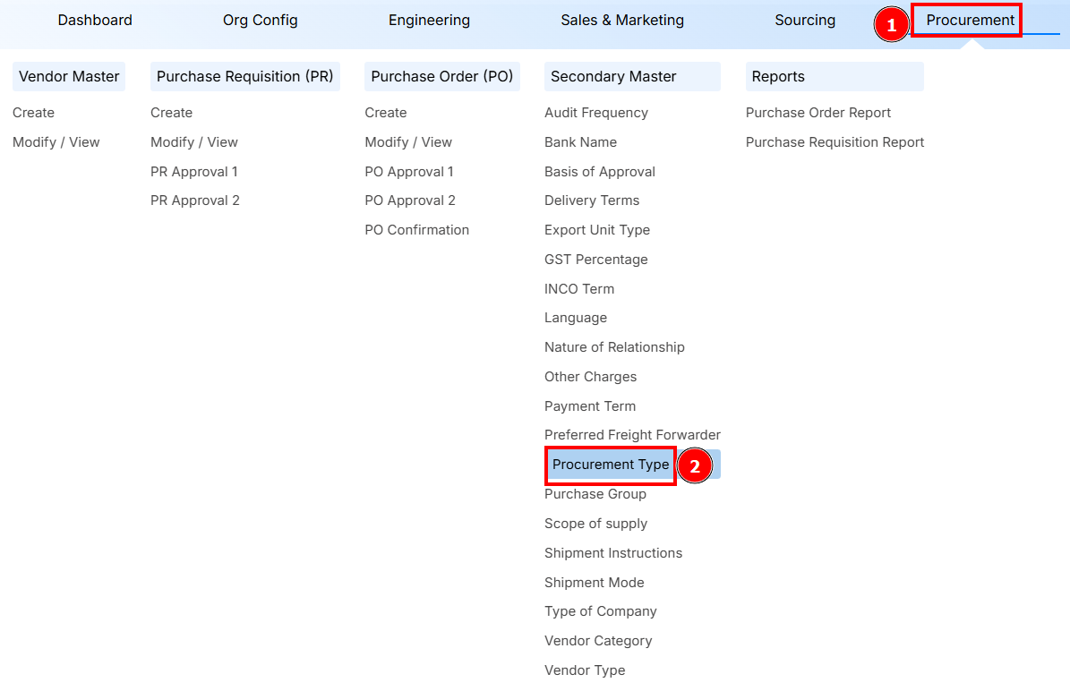 Navigation to Procurement Type
