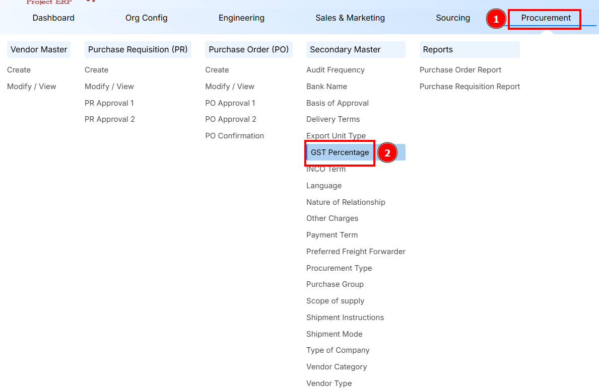 Navigation to GST Percentage