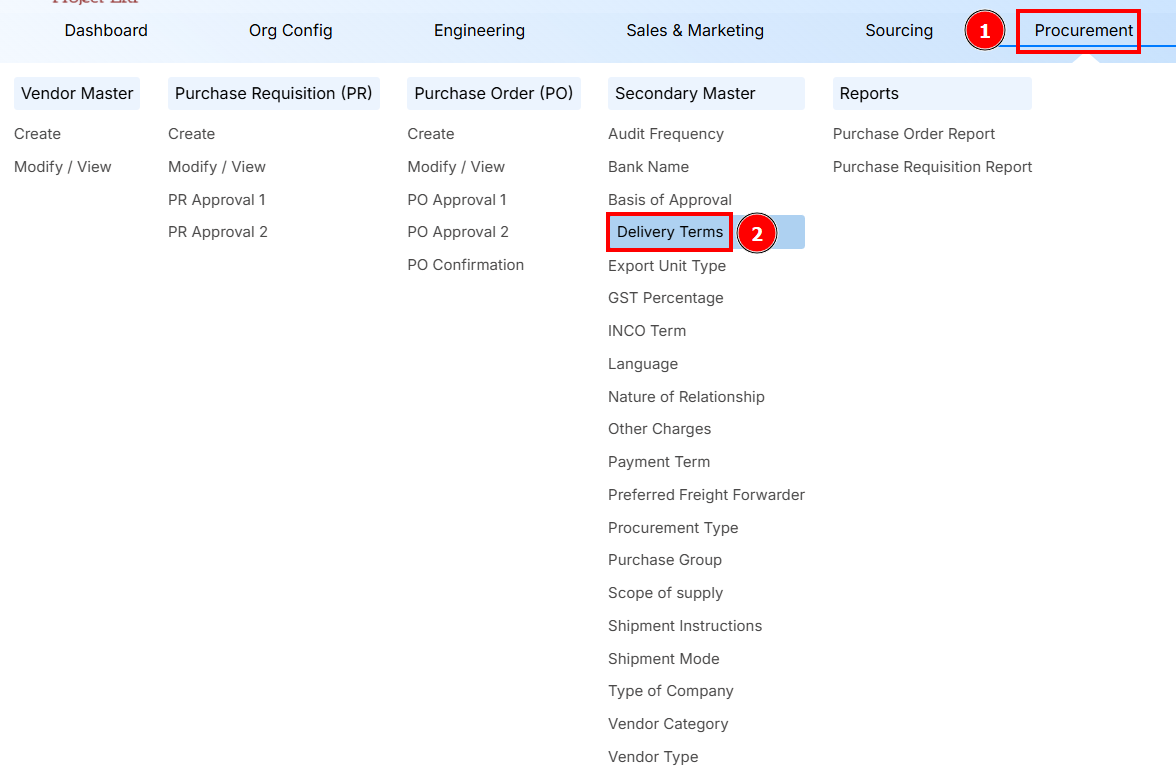 Navigation to Delivery Terms