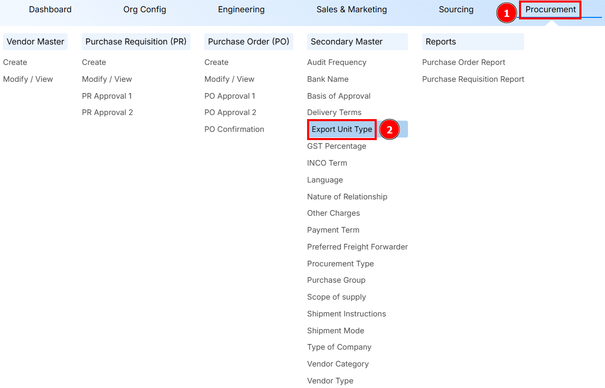Navigation to Export Unit Type