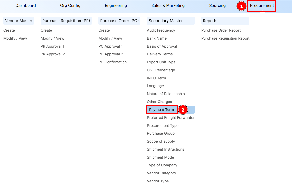 Navigation to Payment Terms