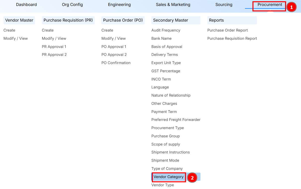 Navigation to Vendor Category