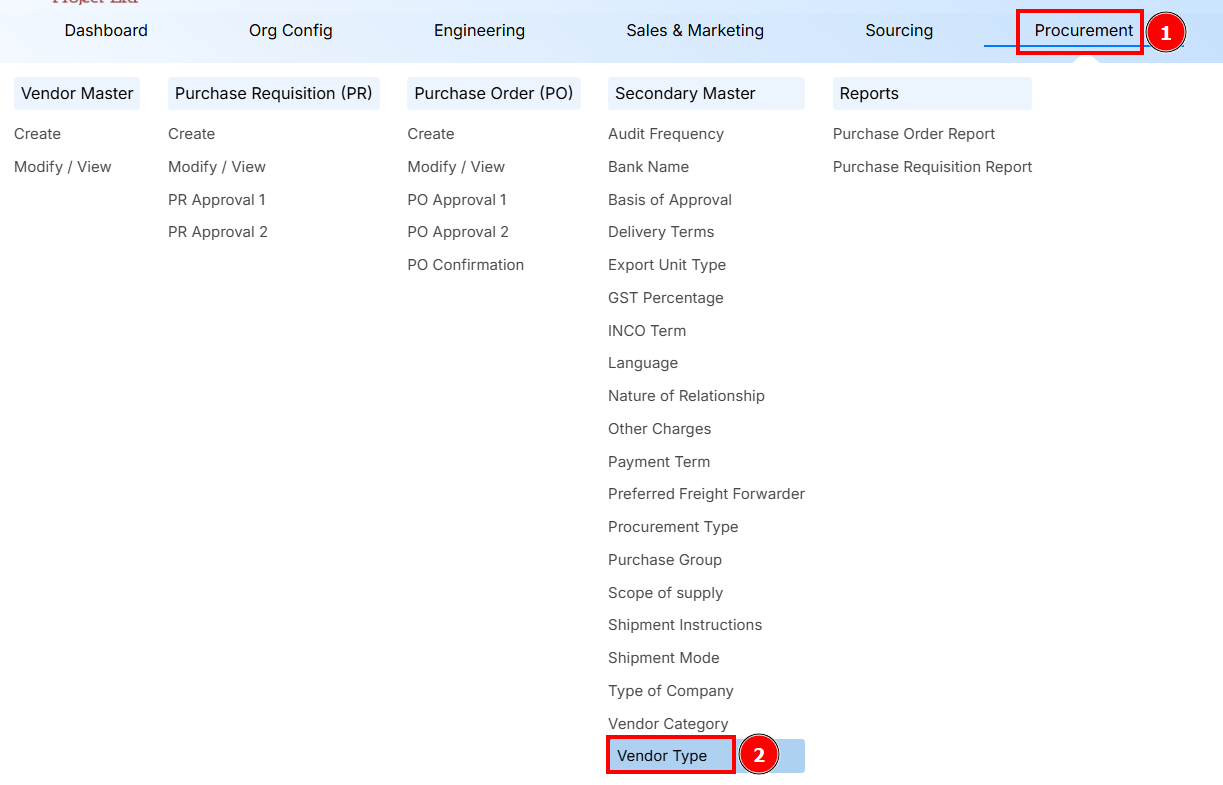 Navigation to Vendor Type
