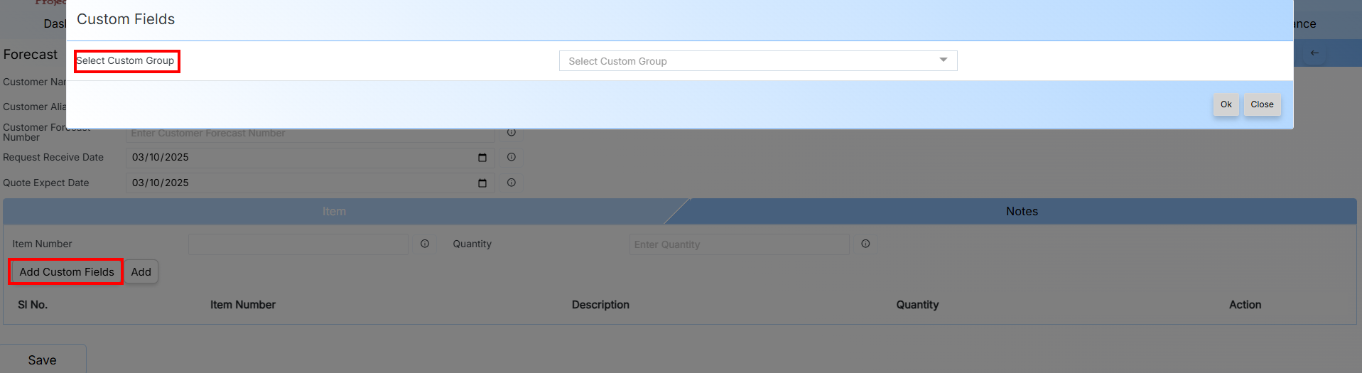 FORECAST ITEM ADD CUSTOM FIELDS