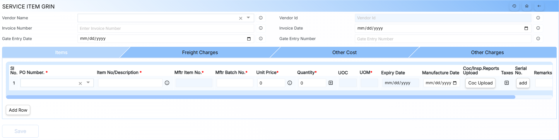 SERVICE ITEM GRIN FORM