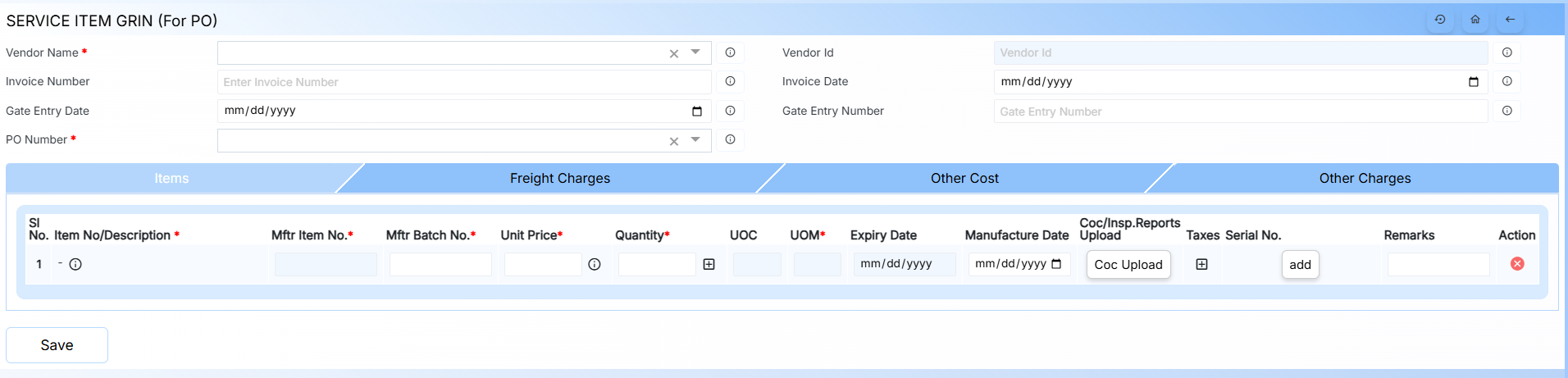 SERVICE ITEM GRIN FOR SINGLE PO FORM